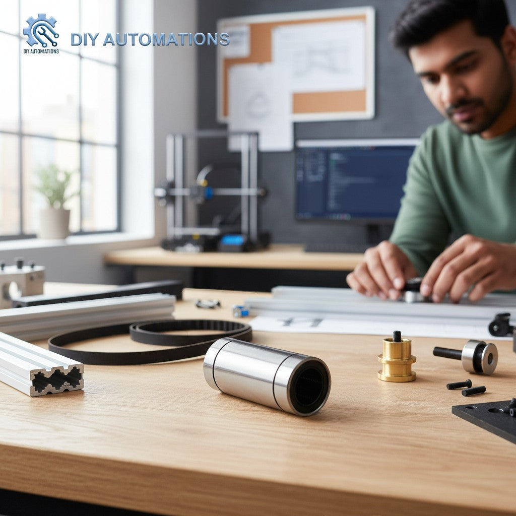 DIY Automations LM 25Luu Linear Motion Bearing, a silver metal cylinder with black interior, ideal for automation projects.