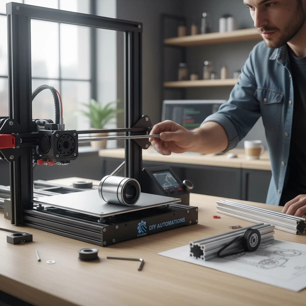 DIY AUTOMATIONS LM 30UU linear motion ball bearing on a 3D printer workbench with a technician adjusting components.