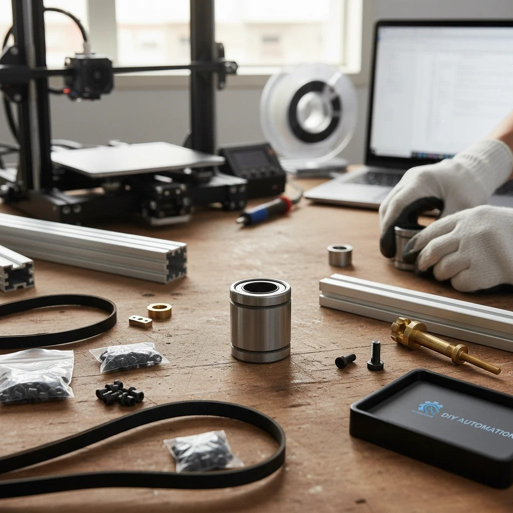 DIY AUTOMATIONS LM 35uu linear motion ball bearing on a workbench with 3D printer parts and tools.