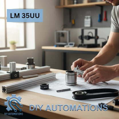 DIY AUTOMATIONS LM 35uu linear motion ball bearing being measured with calipers on a workshop blueprint table.