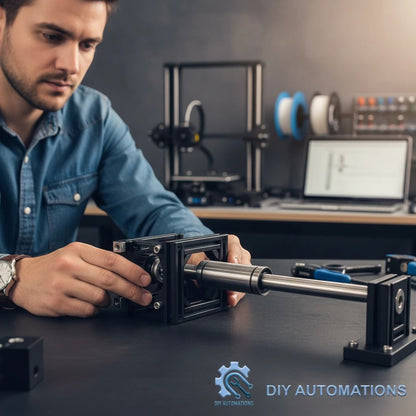 DIY AUTOMATIONS technician installing a silver LM 12LUU linear motion ball bearing onto a metal guide rail