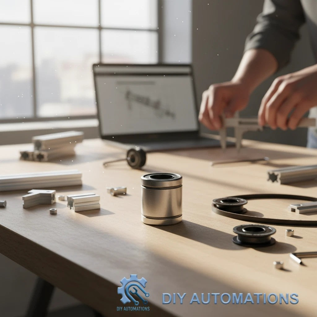 DIY AUTOMATIONS LM 30UU linear motion ball bearing on a workbench with CNC parts and a person using calipers.