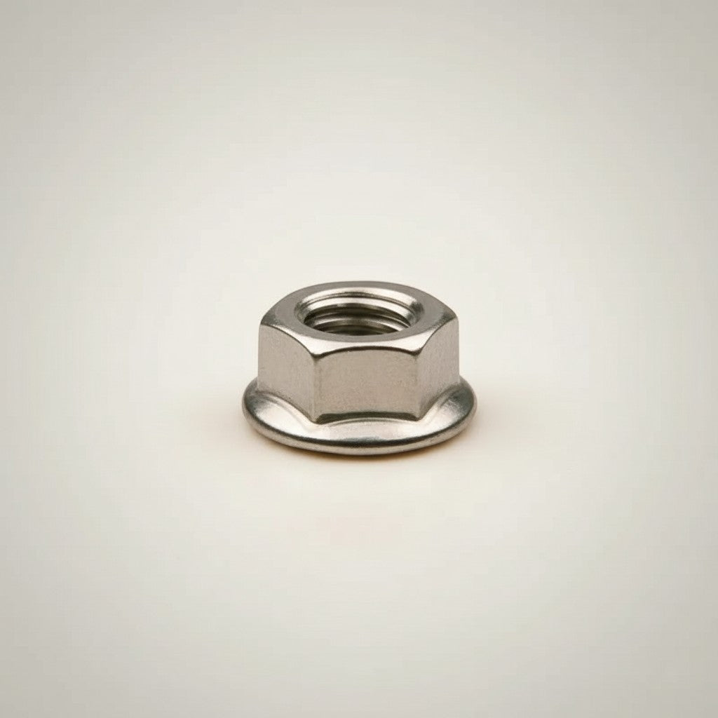 DIY AUTOMATIONS M3 flanged hex nut, stainless steel, with integrated serrated flange for secure fastening.