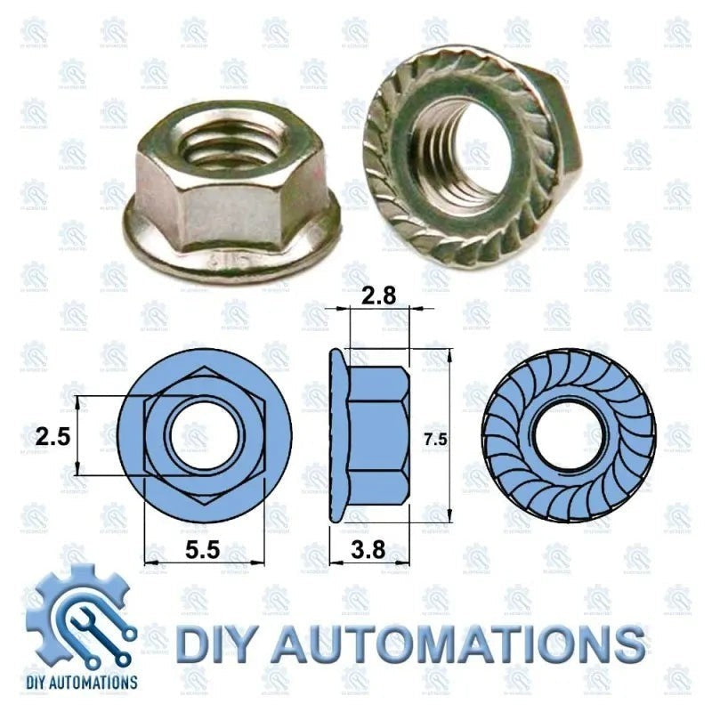 DIY Automations M3 stainless steel hex nut with integrated flange and serrations for secure fastening.