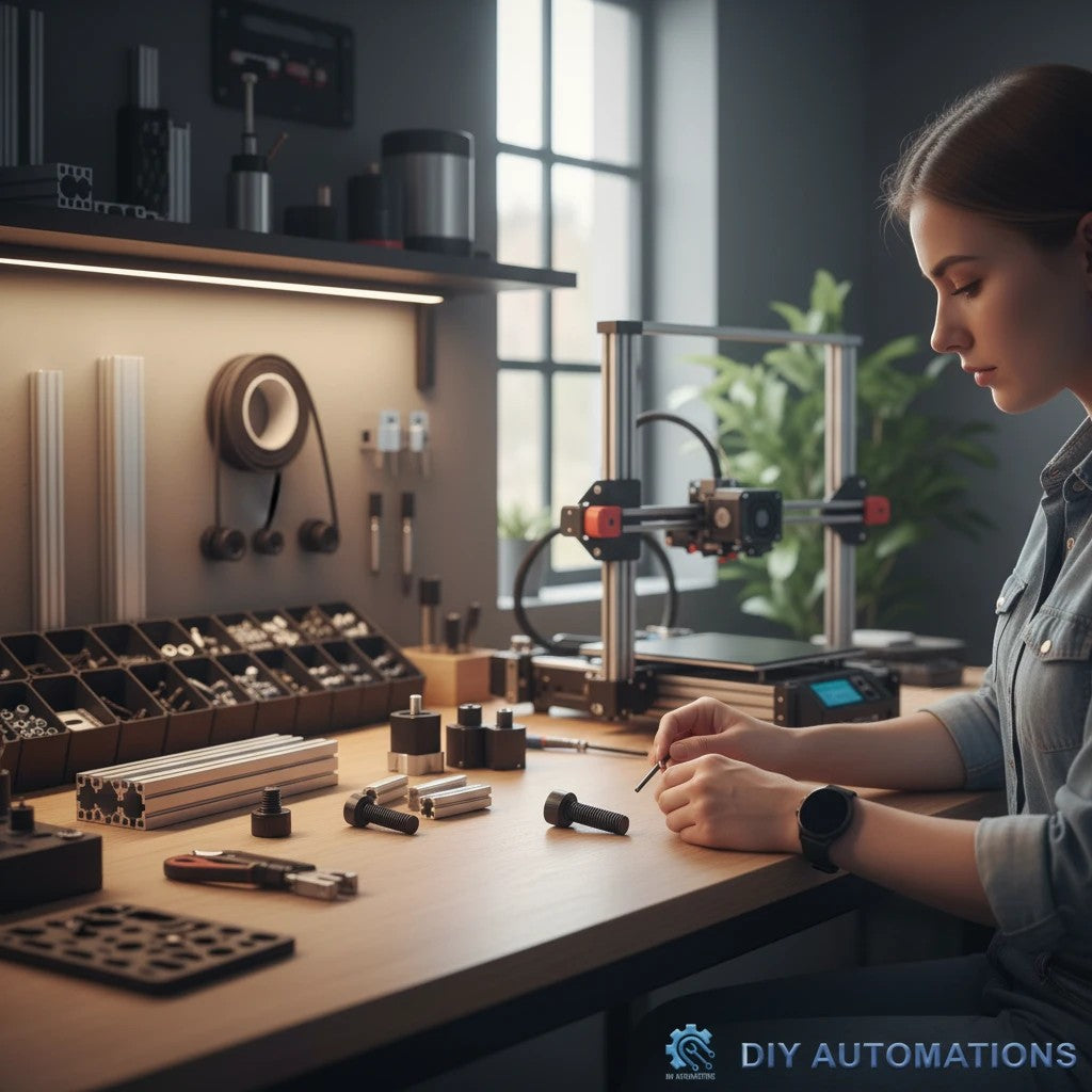 DIY AUTOMATIONS M3x12 black socket head screw being assembled by a technician in a workshop with a 3D printer