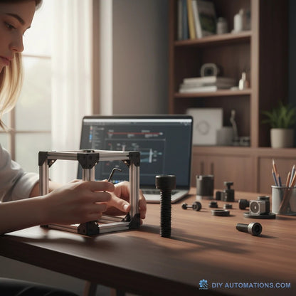 DIY AUTOMATIONS M3x16 black oxide socket head cap screw on a desk with a person assembling a 3D printer frame.