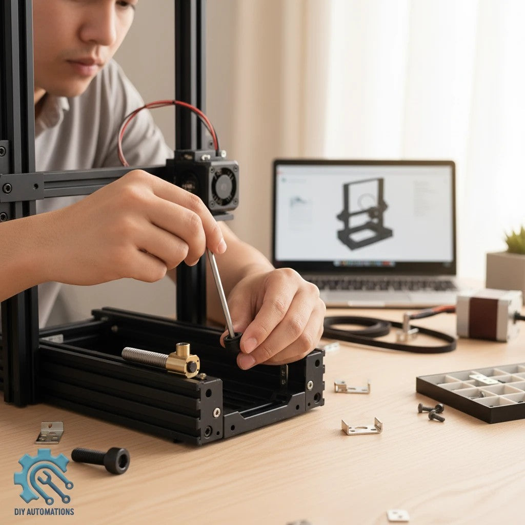 DIY AUTOMATIONS technician using a hex key to install a black M3x16 socket head cap screw into a 3D printer frame.