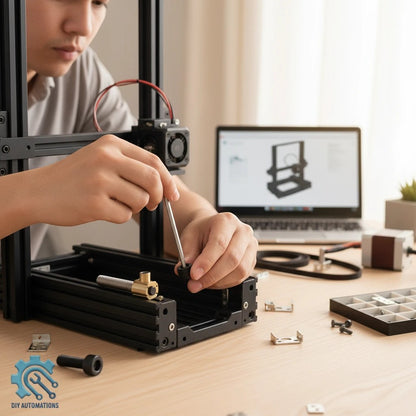 DIY AUTOMATIONS technician using a hex key to install a black M3x16 socket head cap screw into a 3D printer frame.