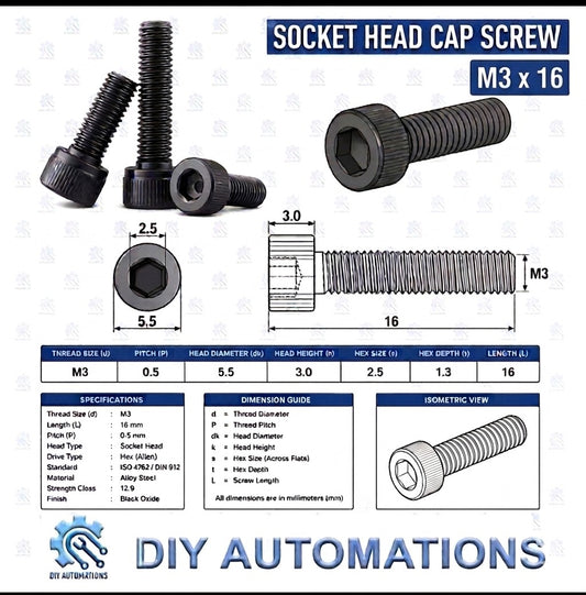 DIY AUTOMATIONS M3x16 black oxide alloy steel socket head cap screw with technical dimension specifications.