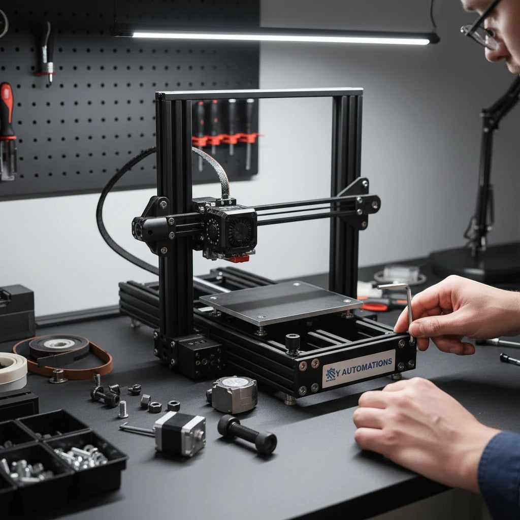 DIY AUTOMATIONS black M3x40 socket head screw being installed on a 3D printer frame with an Allen key