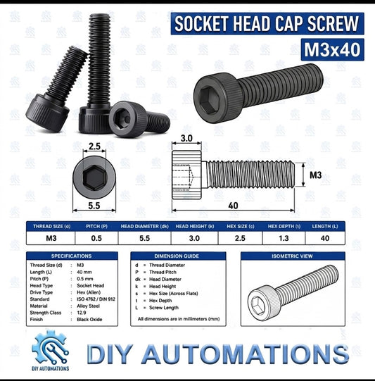 DIY AUTOMATIONS M3x40 black alloy steel socket head cap screw with technical dimension diagram and specifications