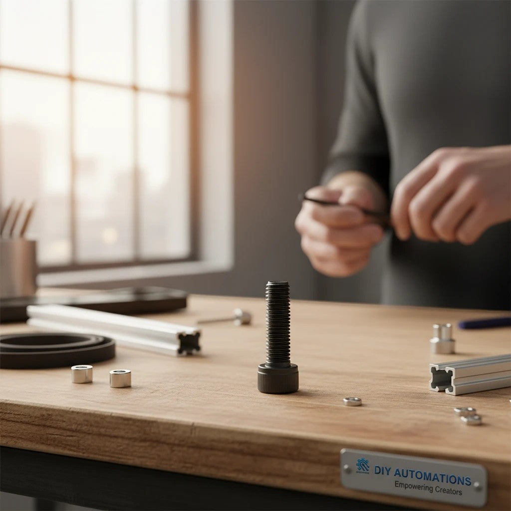 DIY AUTOMATIONS black M3x50 socket head screw standing on a wooden workbench with assembly components in the background