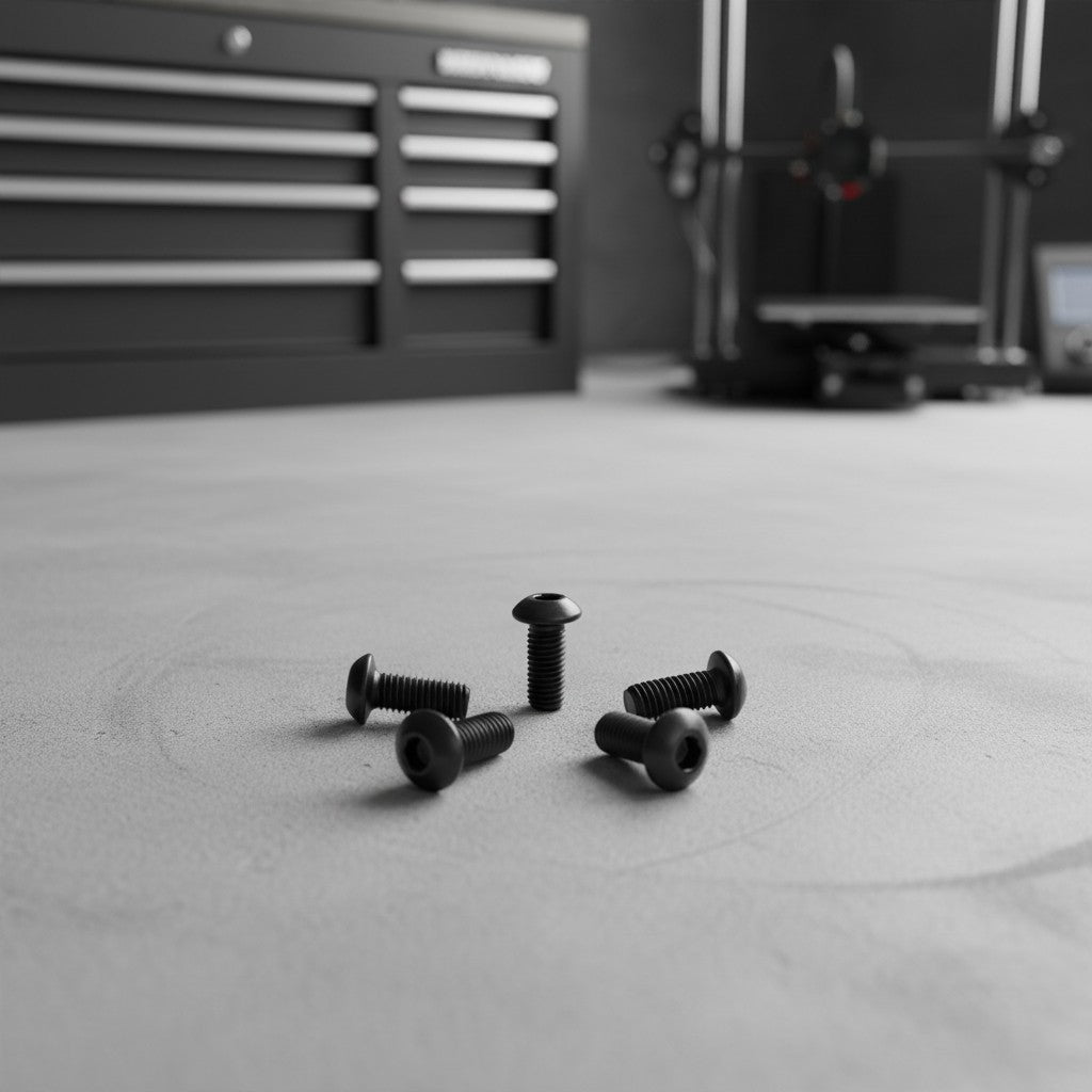 DIY AUTOMATIONS M3x6mm black alloy steel button head socket cap screws arranged on a grey workshop surface.