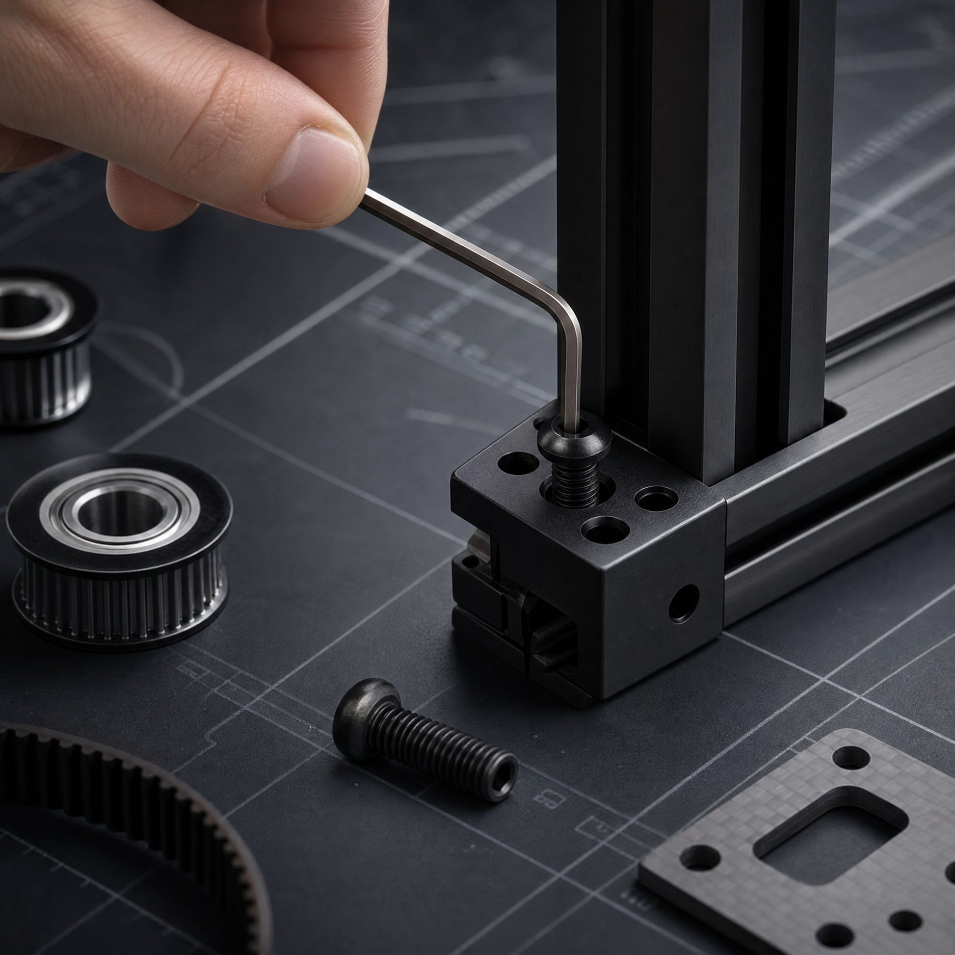 DIY AUTOMATIONS M3x6 black alloy steel button head socket cap screw being tightened with a hex key on a workbench.