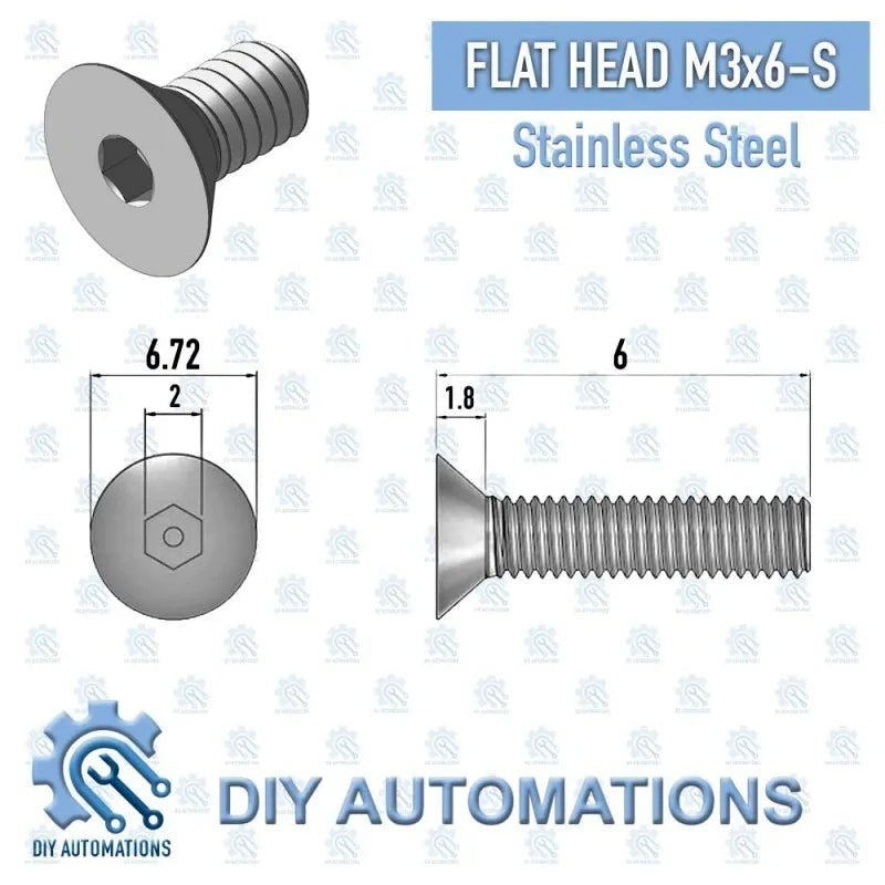 DIY Automations M3x6 silver stainless steel flat head countersunk screw with hex socket drive.