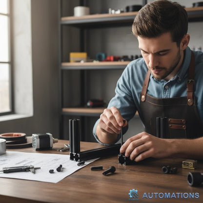 DIY AUTOMATIONS technician assembling black M3x8 socket head screws into aluminum profile frame in a workshop