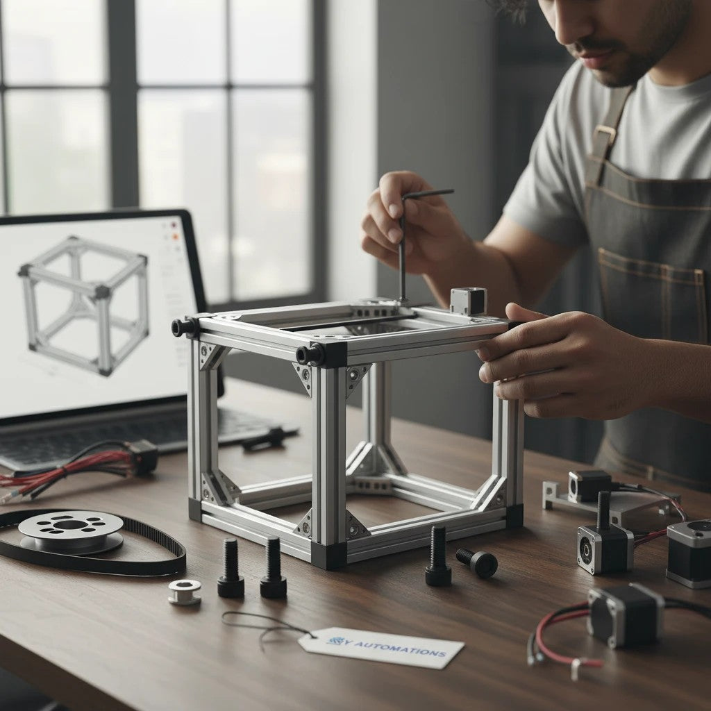 DIY AUTOMATIONS M3x8 black socket head screw used for assembling a 3D printer frame on a workshop desk