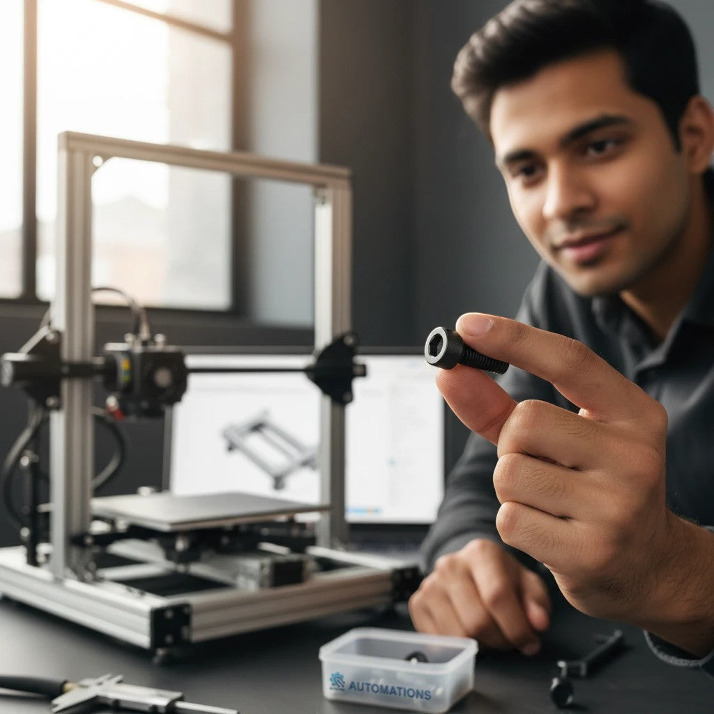 DIY AUTOMATIONS M4x12 black socket head screw held by a technician in a workshop with a 3D printer in the background