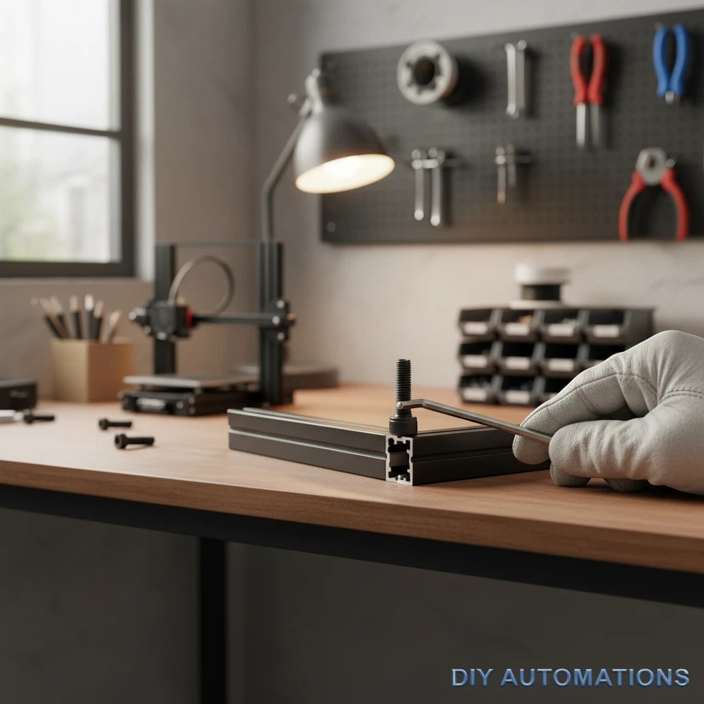 DIY AUTOMATIONS M4x16 black socket head screw being tightened into aluminum extrusion with an Allen key