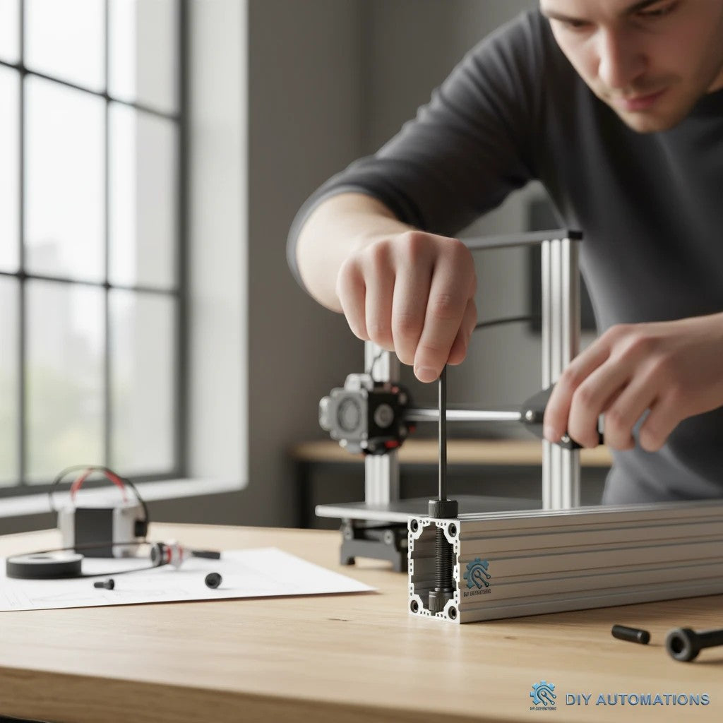 DIY AUTOMATIONS M4x8 black socket head screw being installed into an aluminum extrusion profile with a hex key