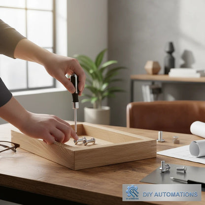 DIY AUTOMATIONS M5x10 Phillips machine screws being installed into a wooden frame with a screwdriver.