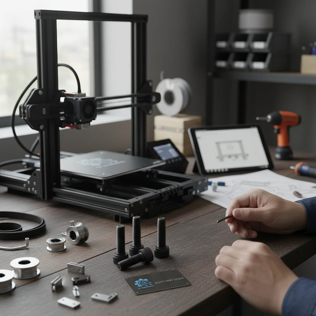 DIY AUTOMATIONS black M5x10 socket head cap screws on a workbench with 3D printer parts and assembly tools.