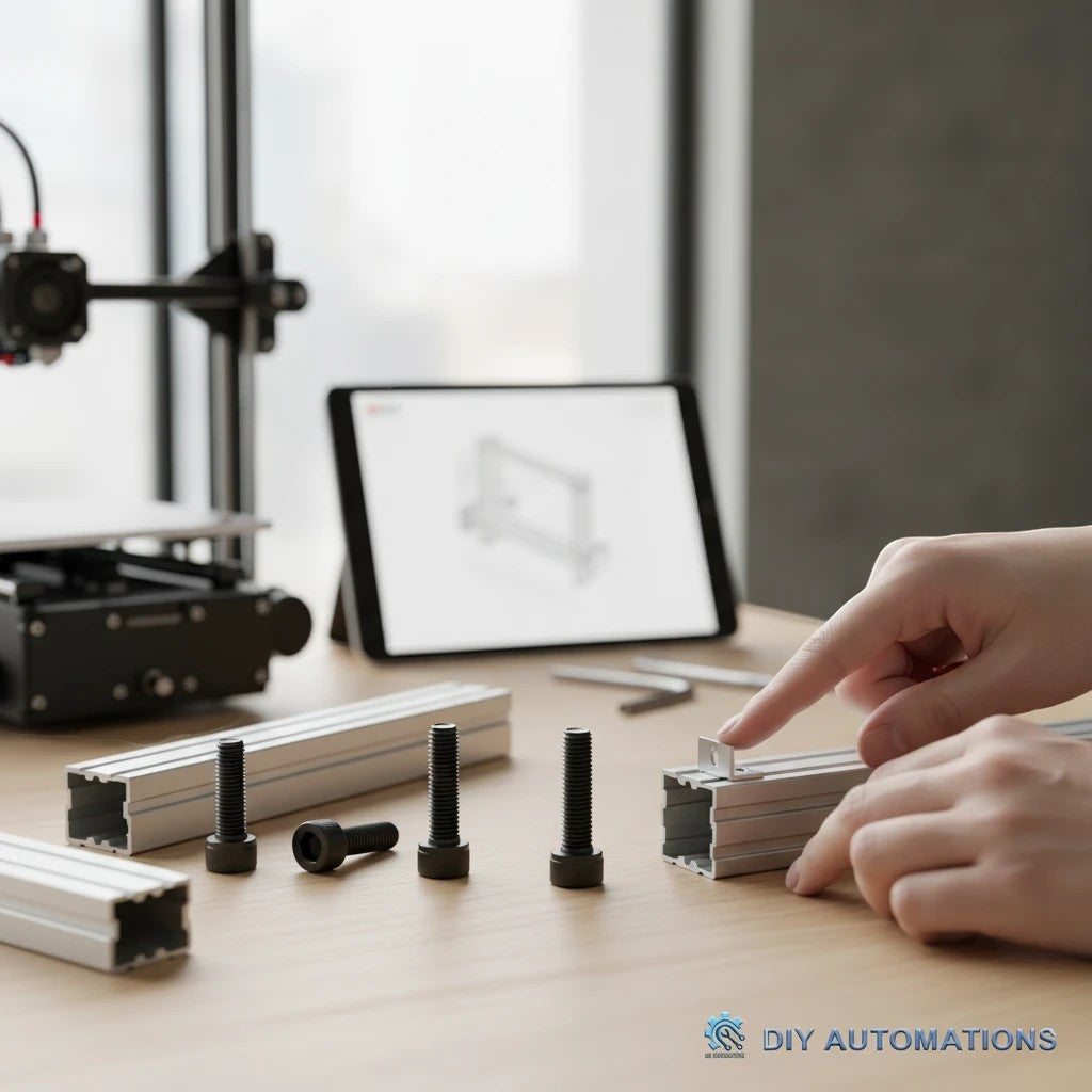 DIY AUTOMATIONS M5x10 black alloy steel socket head cap screws for 3D printer and robotics assembly on a workbench.