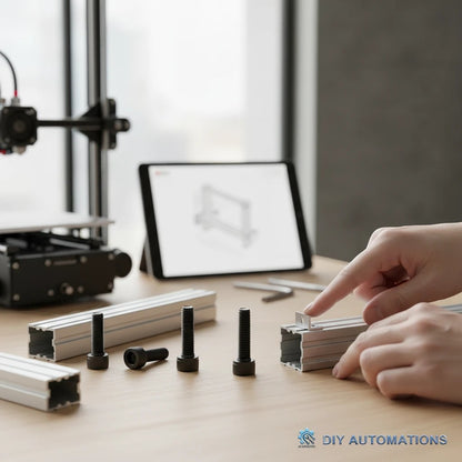 DIY AUTOMATIONS M5x10 black alloy steel socket head cap screws for 3D printer and robotics assembly on a workbench.