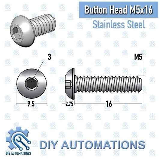 DIY AUTOMATIONS silver M5x16 button head socket screw, made of stainless steel.