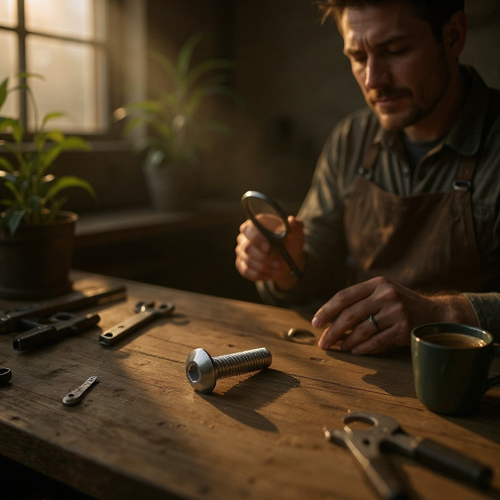 DIY AUTOMATIONS M5x20 silver stainless steel button head machine screw on a wooden workbench with a craftsman