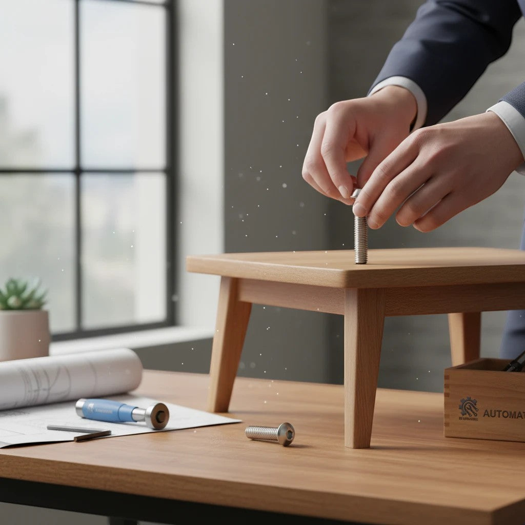 DIY AUTOMATIONS silver M5x25 stainless steel button head socket cap screw being installed into a wooden table