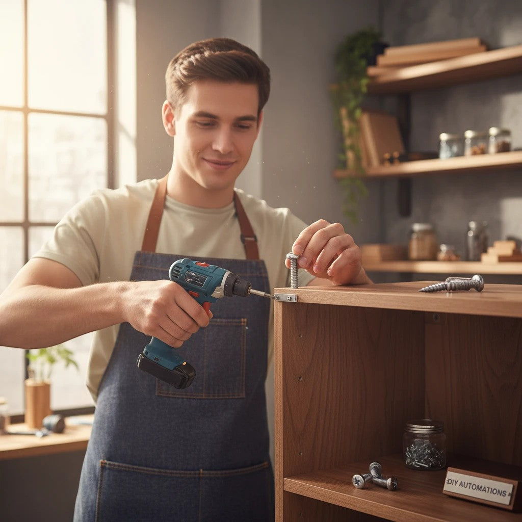 DIY AUTOMATIONS M5x25 Phillips machine screws being installed by a man using a power drill on a wooden shelf.