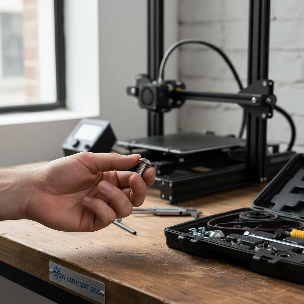 DIY AUTOMATIONS silver M5x30 stainless steel button head socket cap screw held in hand near a 3D printer.