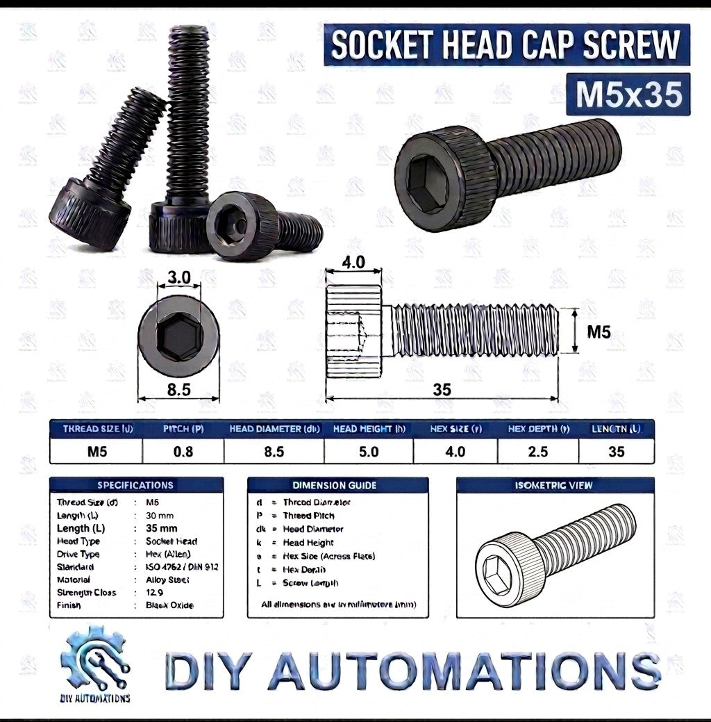 DIY AUTOMATIONS M5x35 black alloy steel socket head cap screw with technical dimension diagram and specifications