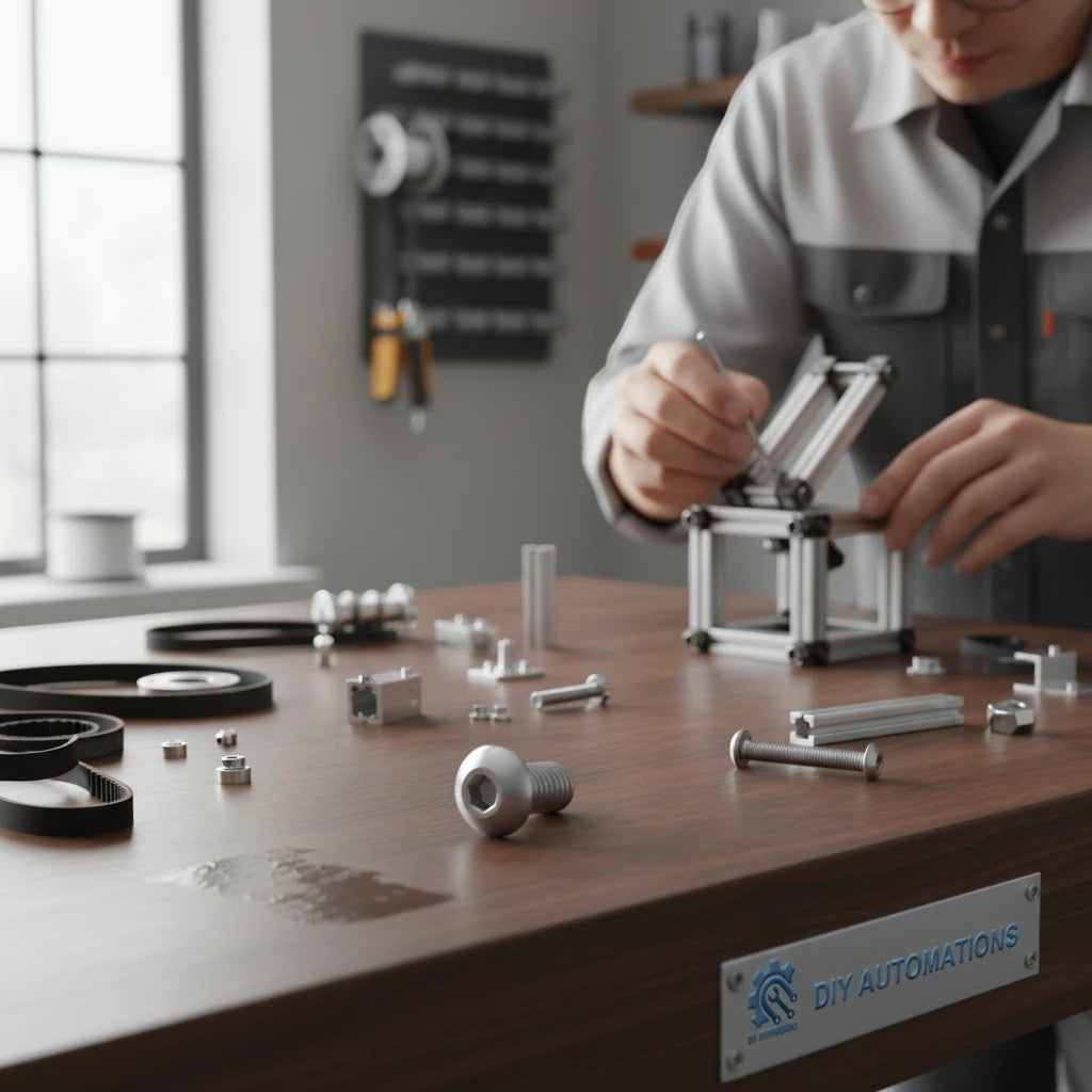 DIY AUTOMATIONS M5x35mm stainless steel button head machine screw on a workbench with assembly components