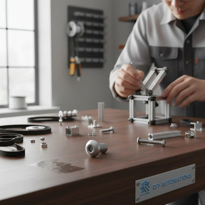 DIY AUTOMATIONS M5x35mm stainless steel button head machine screw on a workbench with assembly components