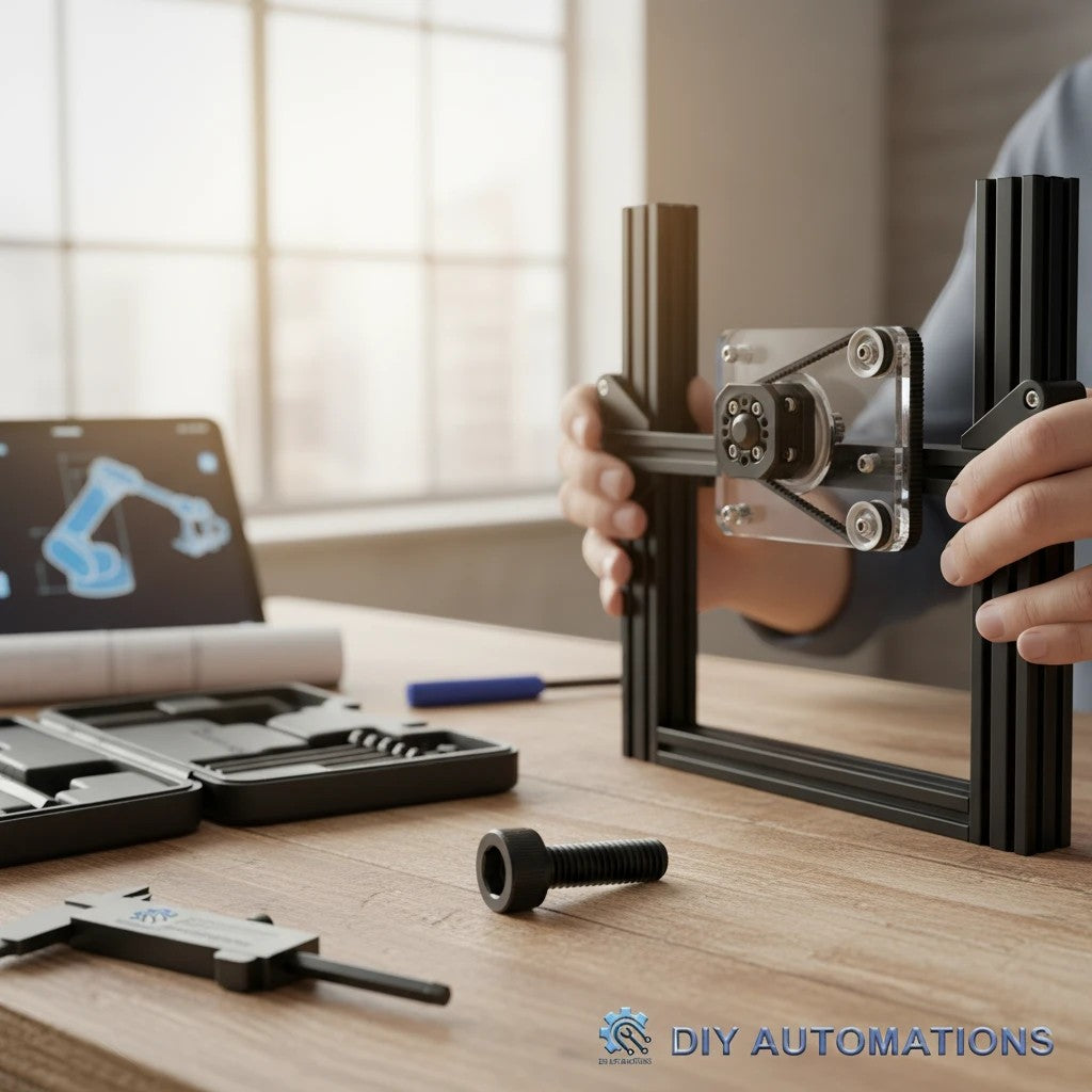 DIY AUTOMATIONS black M5x40 socket head screw on a workbench with robotic assembly components and tools.