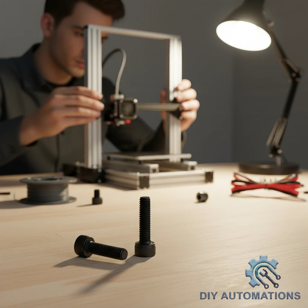DIY AUTOMATIONS black M5x40 socket head screws on a workbench with a 3D printer in the background.