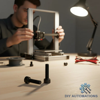 DIY AUTOMATIONS black M5x40 socket head screws on a workbench with a 3D printer in the background.