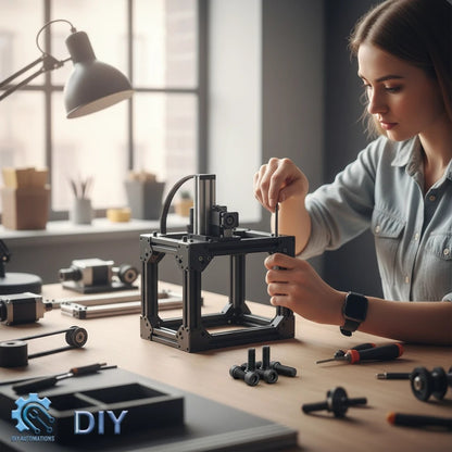 A woman assembling a 3D printer frame using DIY AUTOMATIONS black M5x8 socket head screws on a workshop desk.