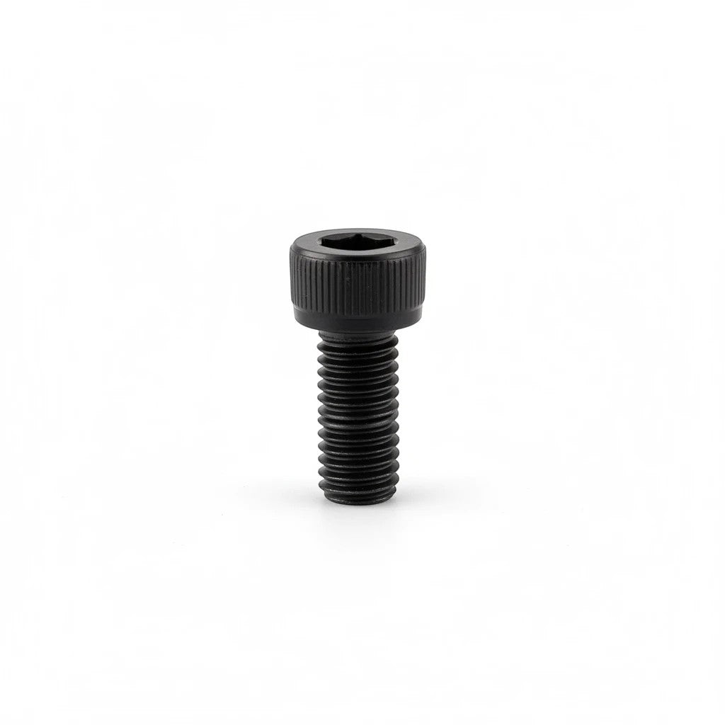 DIY AUTOMATIONS M6x10 black socket head screw with a hexagonal drive, isolated on a white background.
