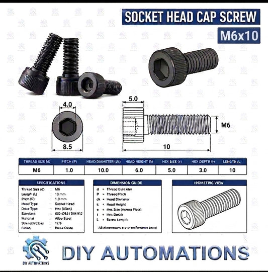 DIY AUTOMATIONS M6x10 black alloy steel socket head cap screw with technical dimension diagram and specifications