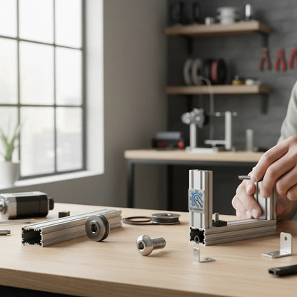DIY AUTOMATIONS M6x10mm stainless steel button head socket cap screw on a workbench with aluminum profile parts
