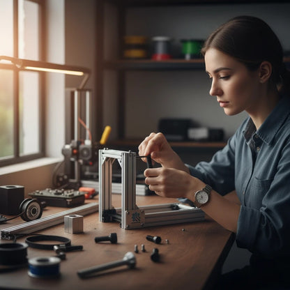 DIY AUTOMATIONS M6x12 black oxide socket head cap screw being installed by a woman assembling a 3D printer frame.