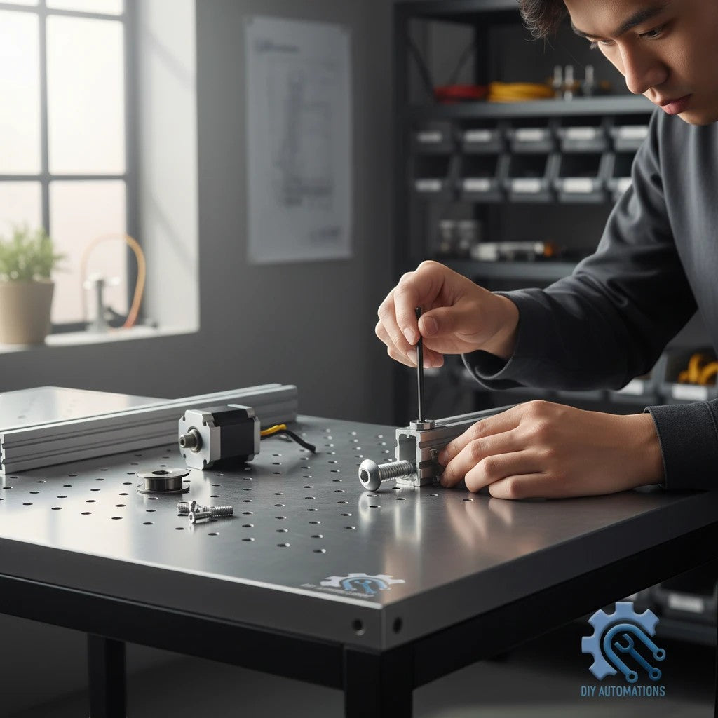 DIY AUTOMATIONS M6x14 stainless steel button head socket cap screw being installed on a workbench with a hex key.