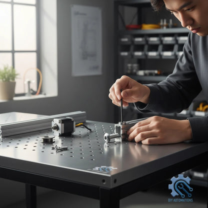 DIY AUTOMATIONS M6x14 stainless steel button head socket cap screw being installed on a workbench with a hex key.