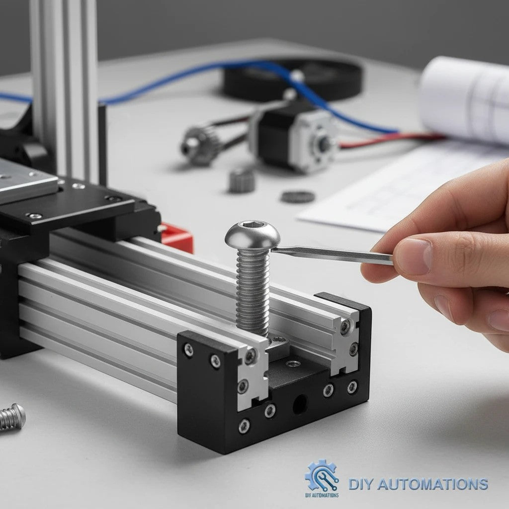 DIY AUTOMATIONS M6x16 stainless steel button head socket cap screw being installed on an aluminum extrusion rail