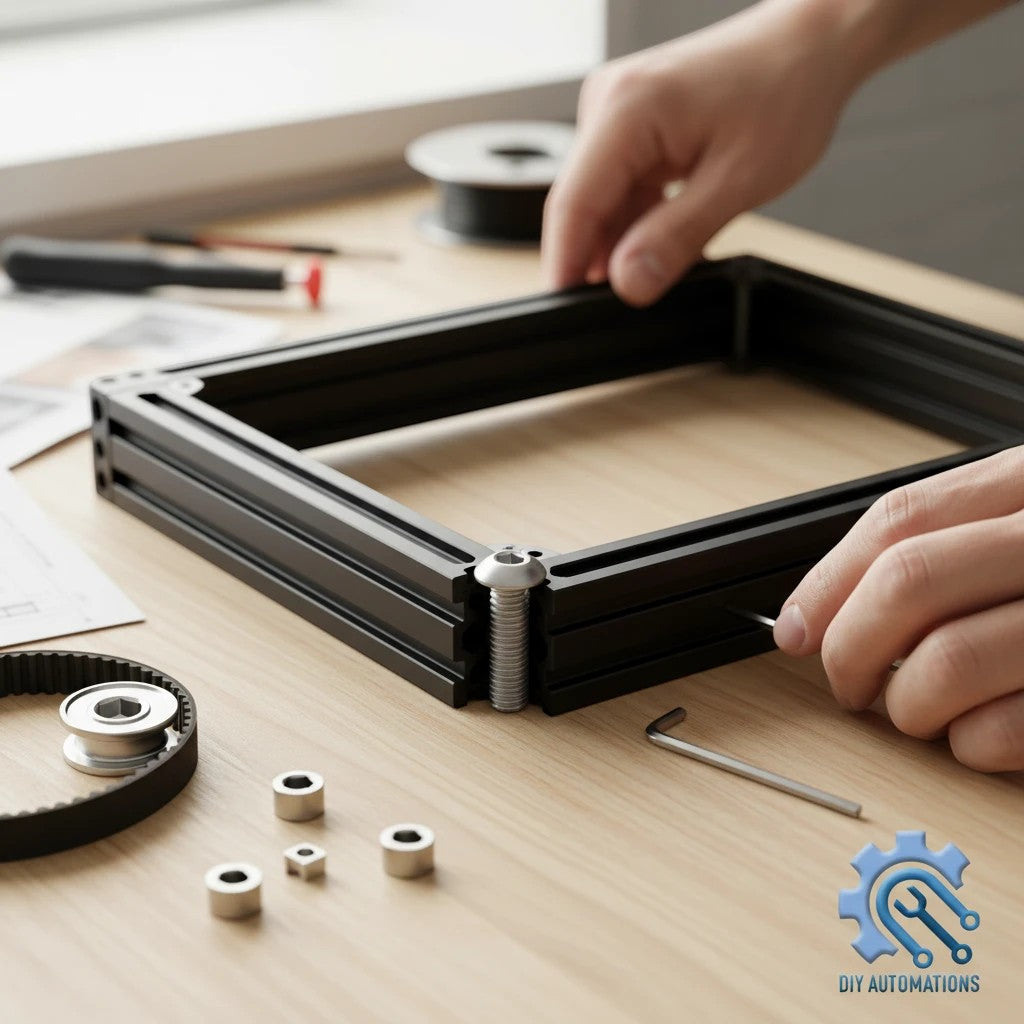 DIY AUTOMATIONS M6x18 stainless steel button head socket cap screw being tightened into a black aluminum frame