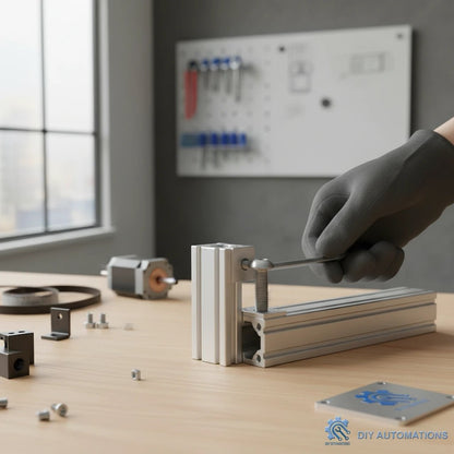 DIY AUTOMATIONS M6x8 stainless steel button head socket cap screw being tightened into aluminum profile with hex key