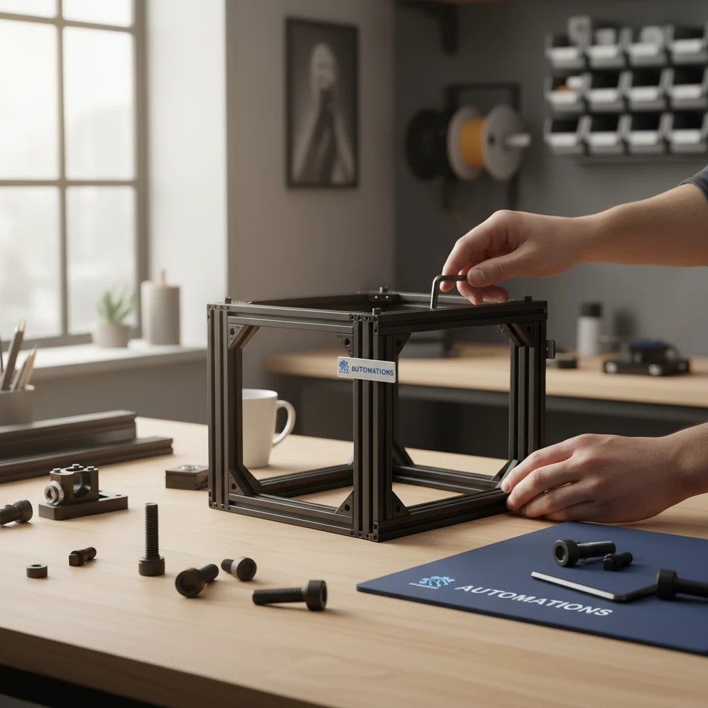 DIY AUTOMATIONS M8x10 black alloy steel socket head cap screw being used to assemble a metal frame with an Allen key.